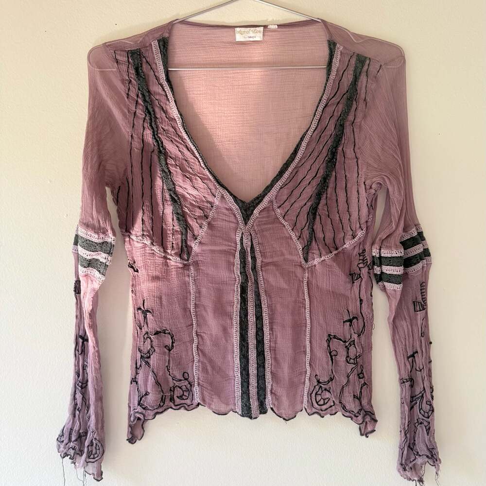 Vintage Age Mauve Sheer Crinkle Rayon Embroidered Boho Top - Picture 13 of 14
